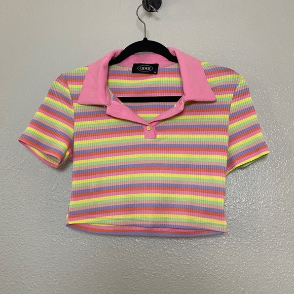 Cider Tops - Cider Pastel Striped Cropped Polo Size Medium Kawaii Rainbow Y2K Kidcore Retro